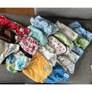 Diaper Cloth Lot w/ Inserts & Wet Bag 70+ Items Alva, Fuzzibunz, Papoose & More